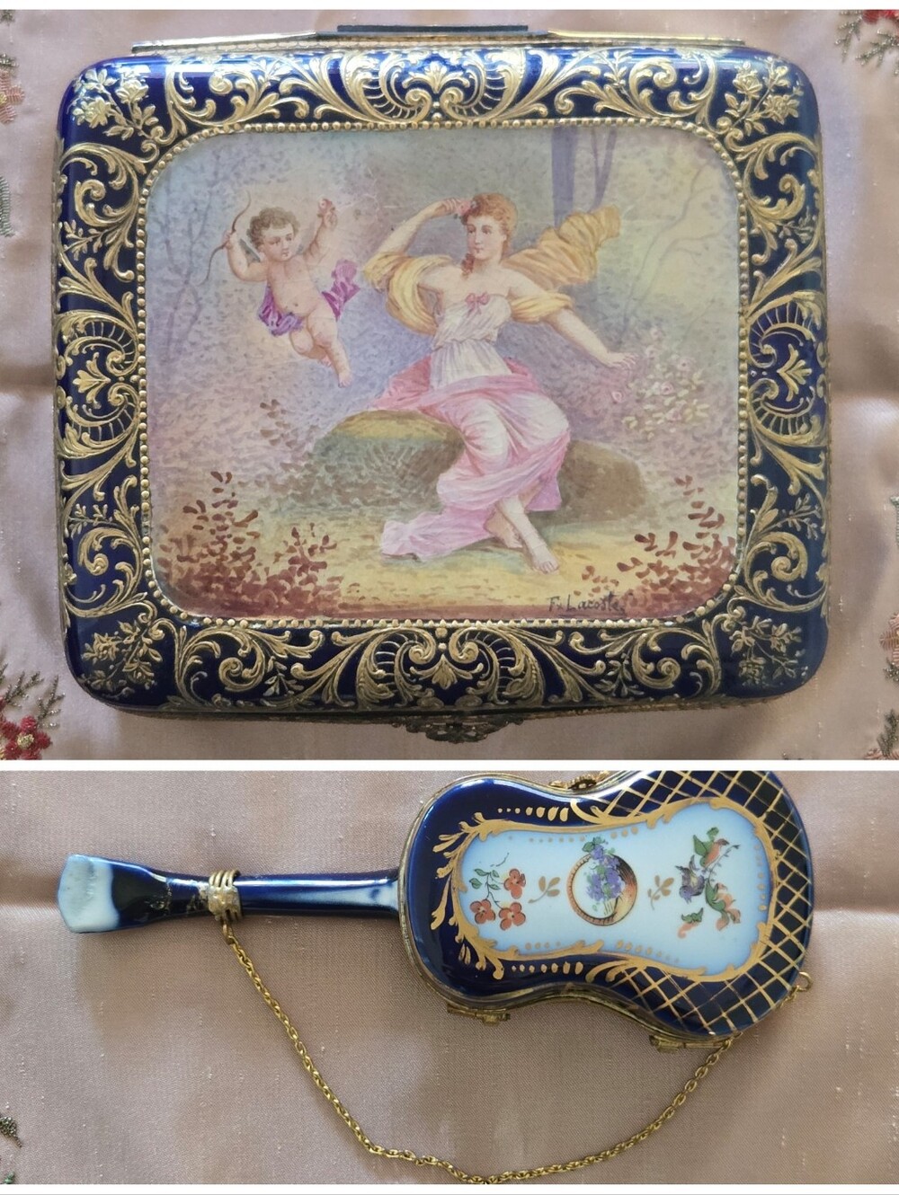 Antique 1880 PARIS Pair Of Porcelain Jewelry Boxes, Guitar/Mandolin